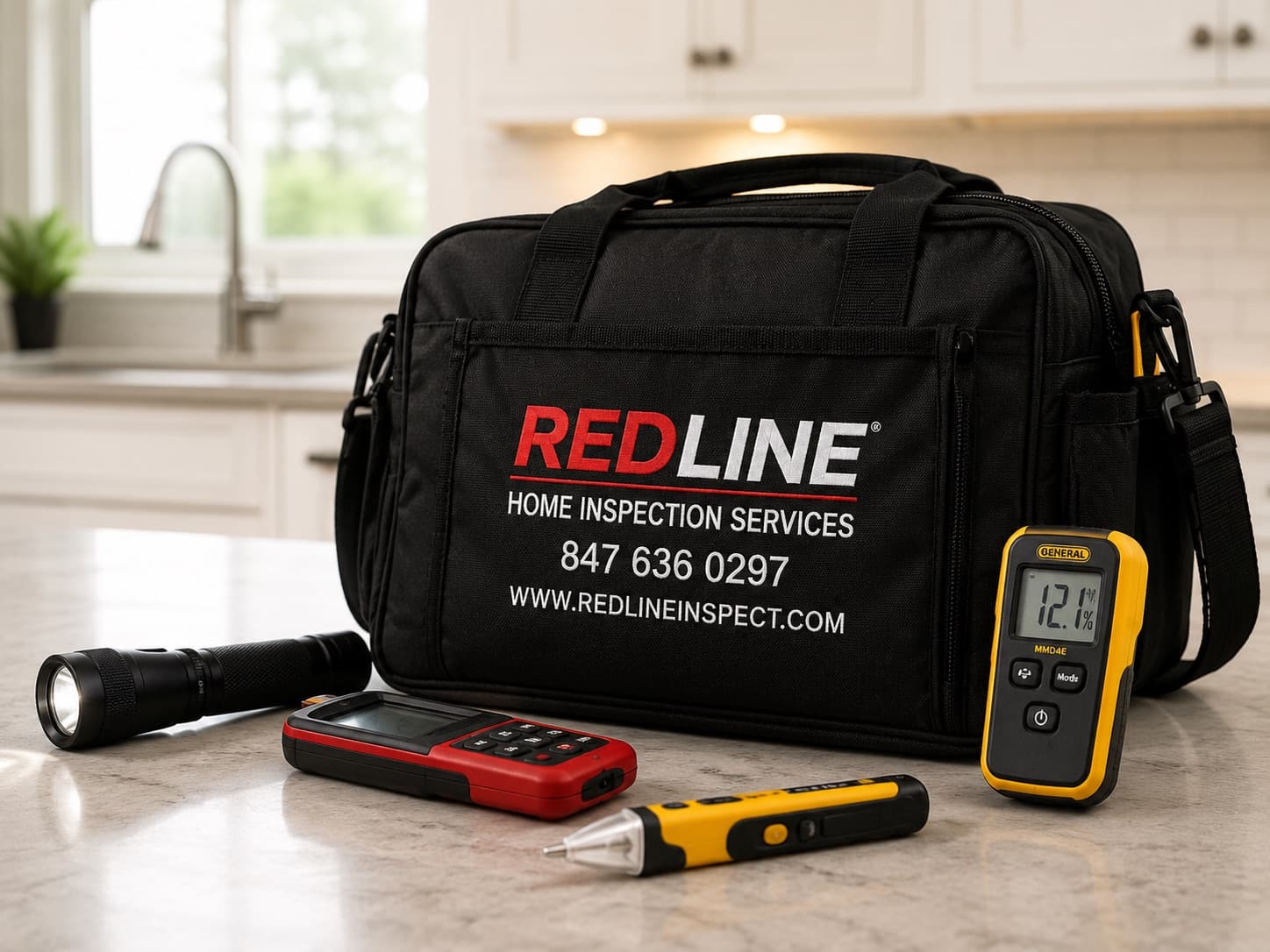 Red Line home inspection tools - moisture meter, flashlight and voltage tester