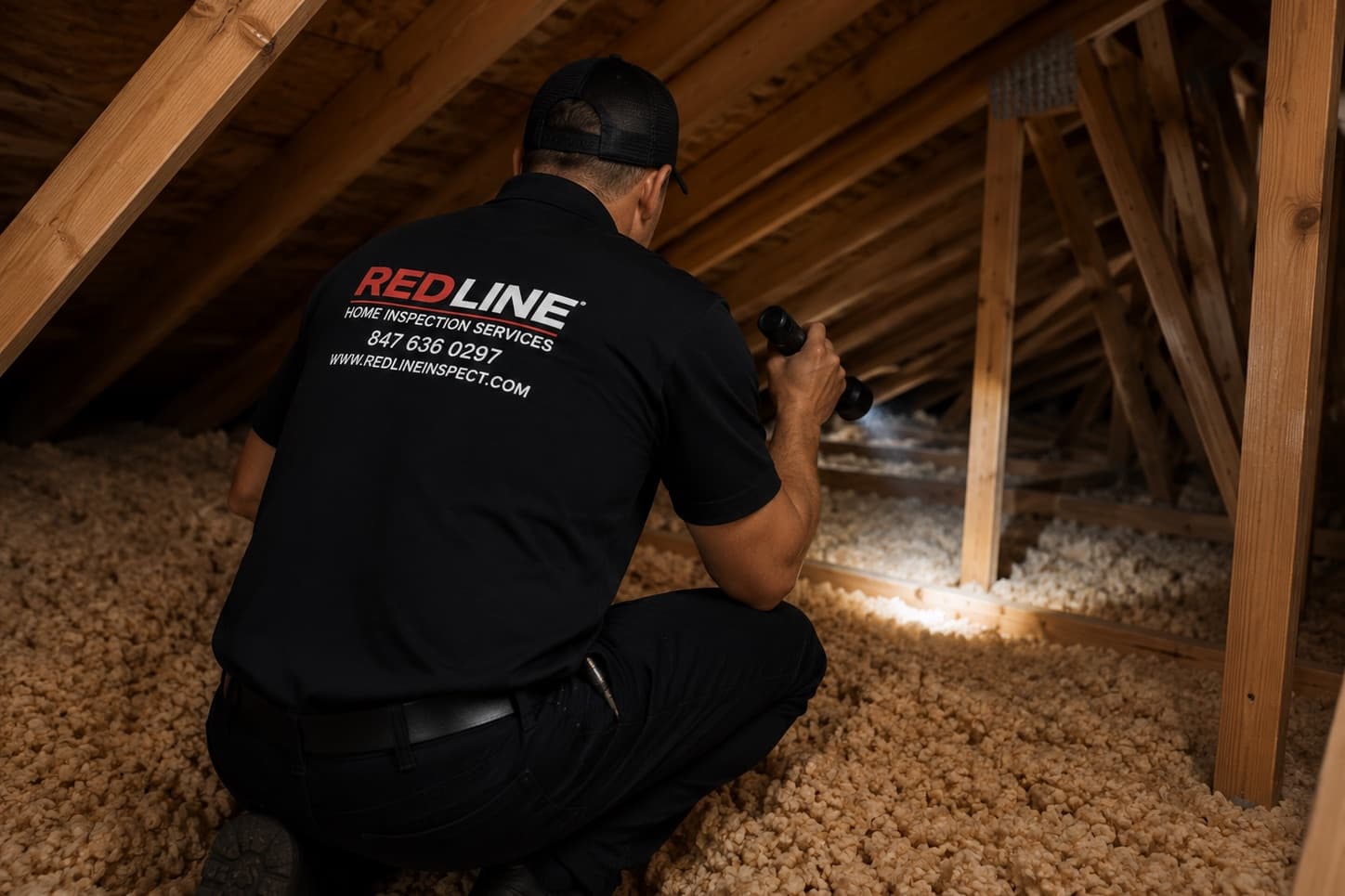 Home inspector checking attic insulation and ventilation